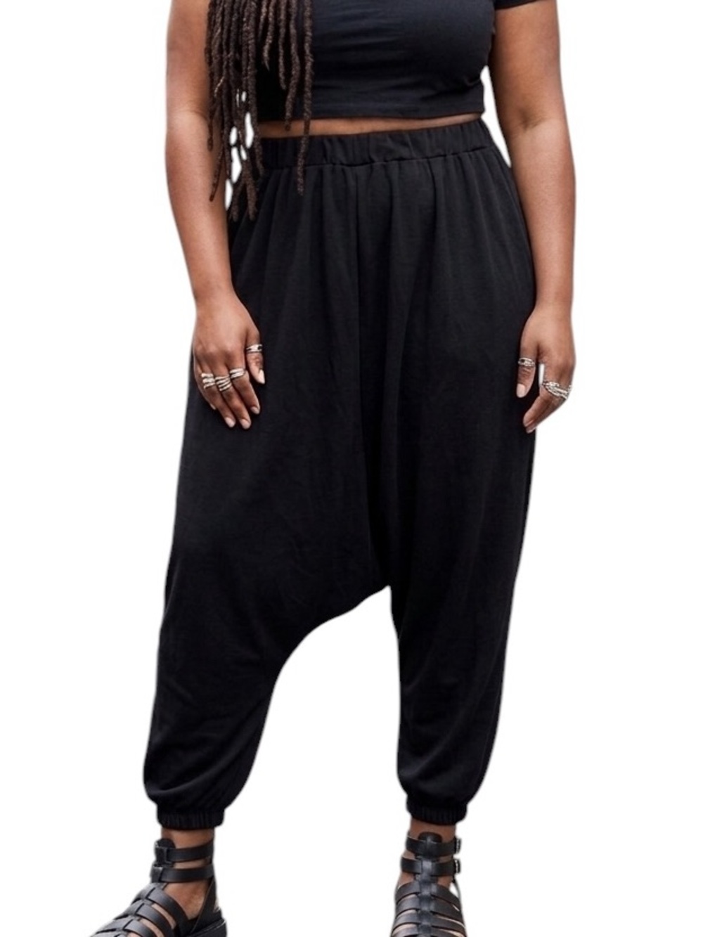 Black Stretchy Harem Pants Dropped Crotch Hammer Pants Plus Size 2XL